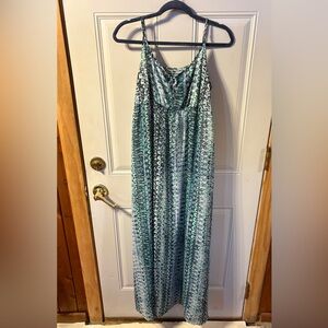 Elegant Long Sundress Blue and Green Patterned Maxi Dress Size 1X